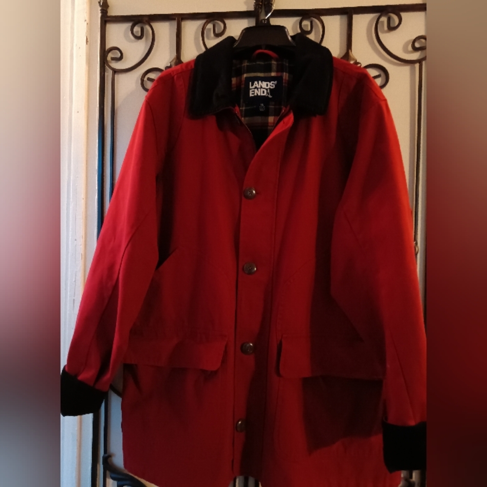 VTG Lands' End Mens XL Chore / Barn Jacket Red Button Down Corduroy Trim